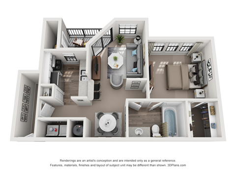 Floor plan for 1 bed, 1 bath, 653 sqft